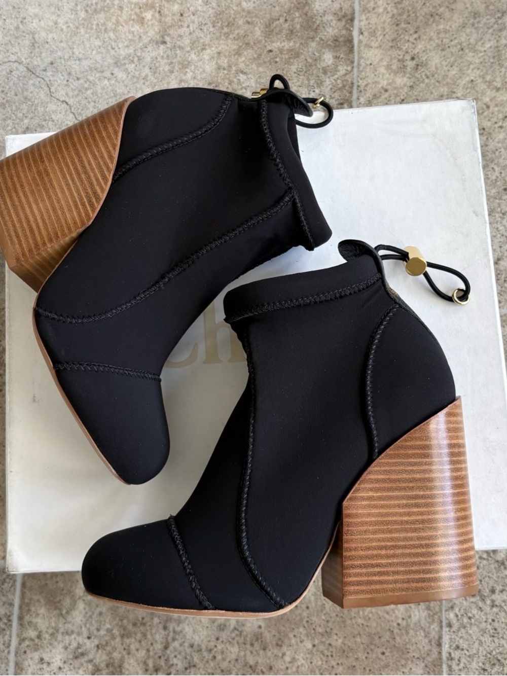 Chloe strech Black Ankle Boot with Wood Block Heel